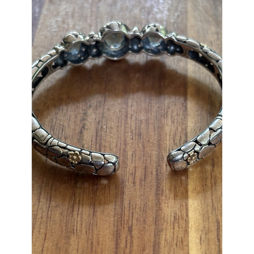 Sterling Silver And 14k Gold Blue Topaz Hinged Bangle Bracelet 6.75" 21.1 Grams - Picture 4 of 11